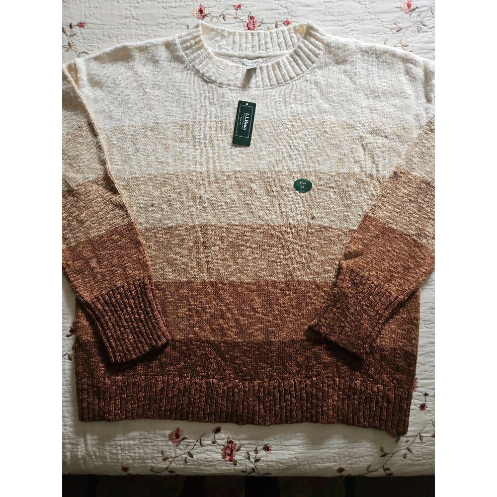 L.L. BEAN Brown Beige Cotton Ragg Color Block Crewneck Sweater NWT Sz 2XL